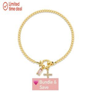 Gold Beaded Stretch Bracelet with Cross Charm & Birthstone, 9.45"